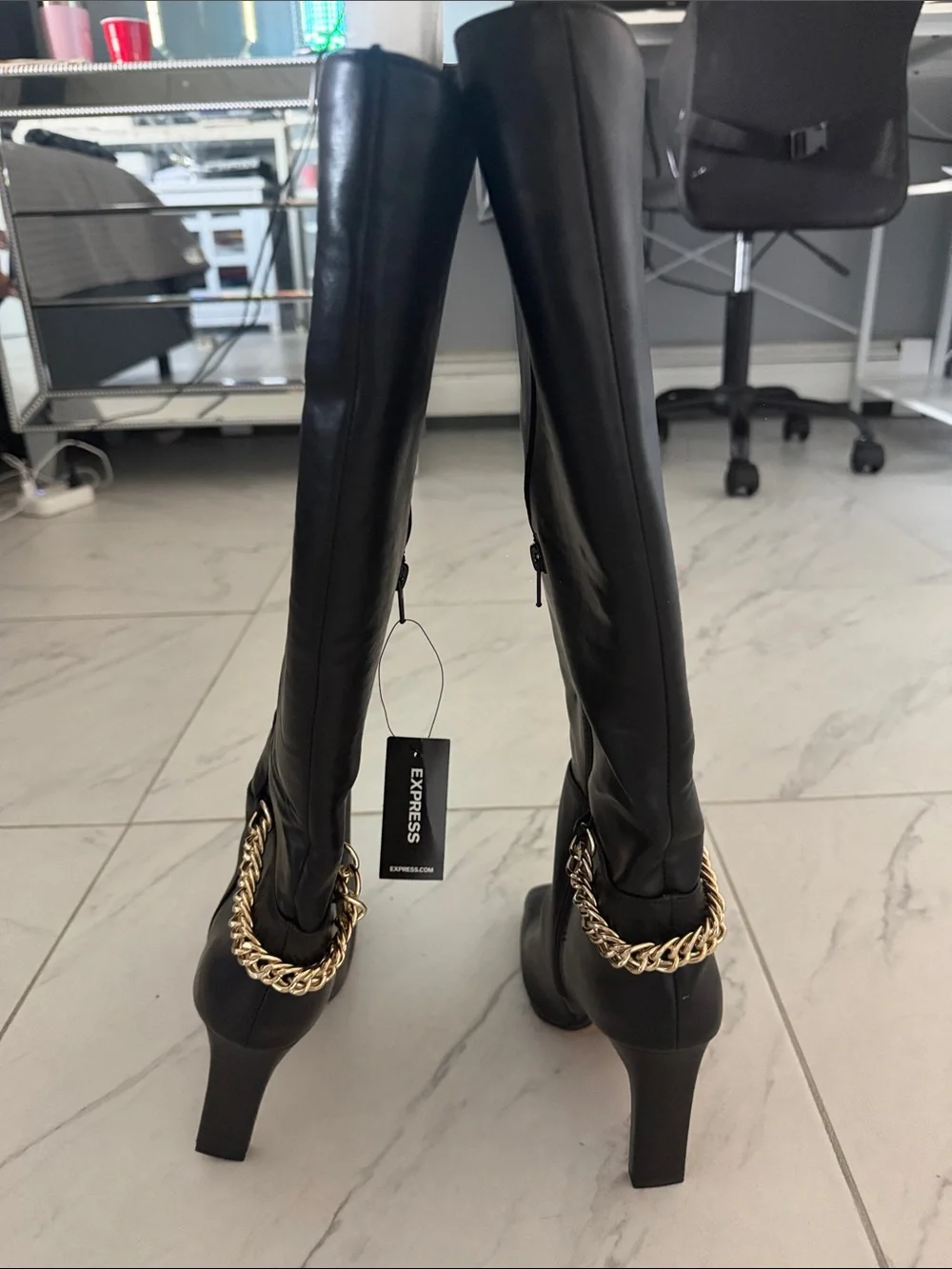 Express Black Over-the-Knee Heeled Boots with Gold Chain Accent - NEVER WORN